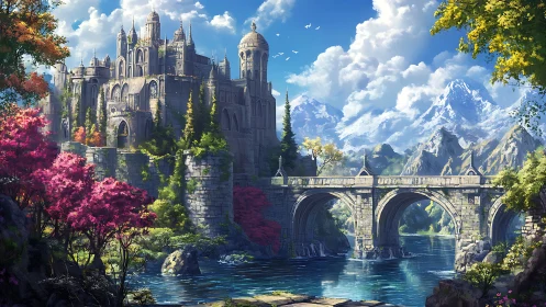 Sunlit fantasy castle crowns a river valley of vivid color