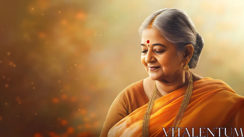 Elderly Indian woman in traditional saree, warm soft light portrait.