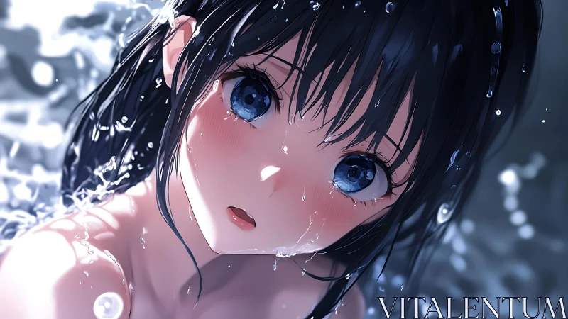 Wet anime girl gazes upward with luminous blue eyes
