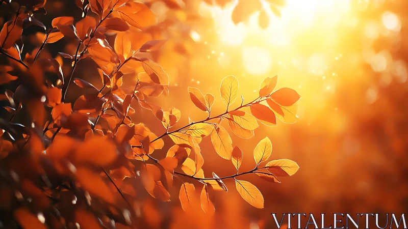 Autumn leaves glowing in warm sunlight, dreamy nature style.