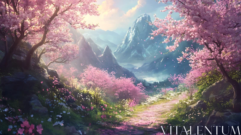 Enchanted cherry blossom valley opens to misty blue peaks.