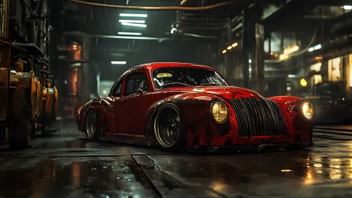 Rust-patina red custom coupe in cinematic industrial rain scene.