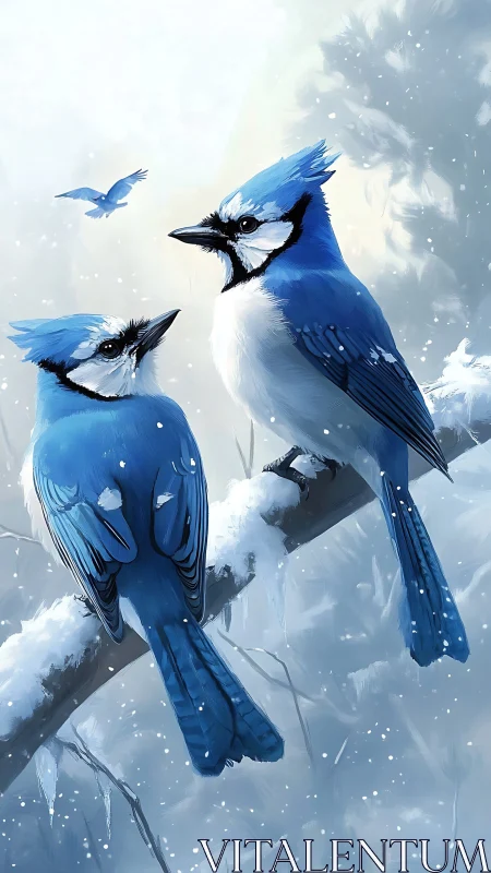 Digital painting of blue jays on snowy branch, vertical format.
