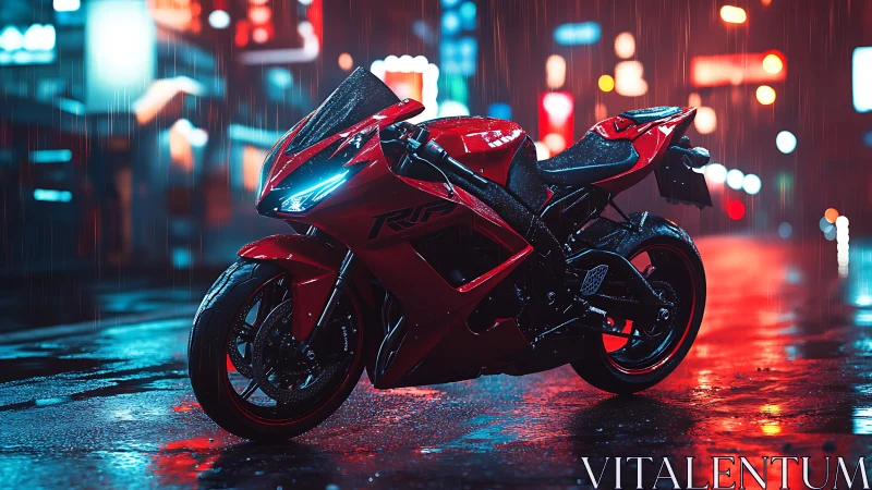 Red superbike under neon rain with reflective wet pavement.