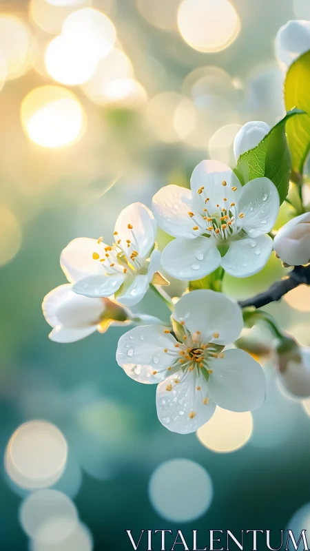 White Blossoms with Dew Droplets and Bokeh Background