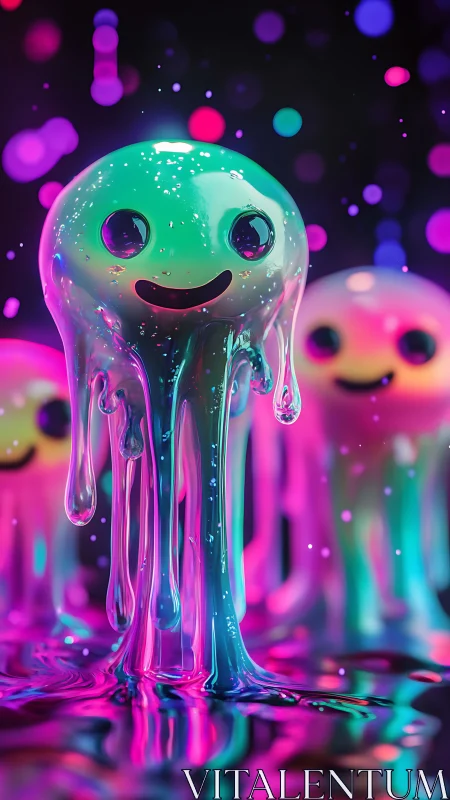 Smiling neon slime characters in glossy liquid world.