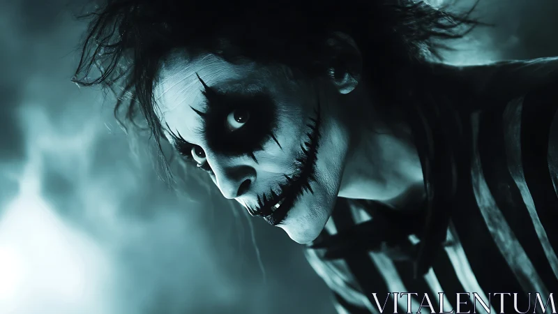 Portrait shows figure with stitched-mouth makeup in low-key lighting