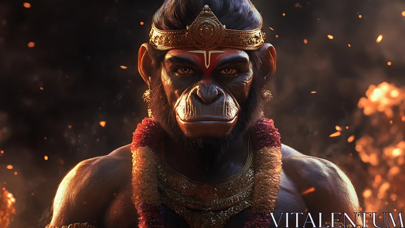 Divine monkey warrior stands amid embers and golden light.