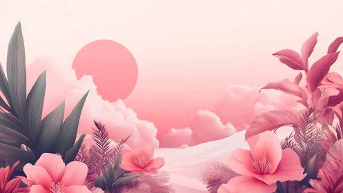 Monochrome pink floral landscape with stylized sun and clouds.