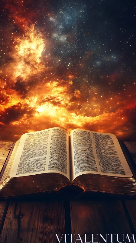 Open Bible on wooden table under vivid starry sky backdrop.
