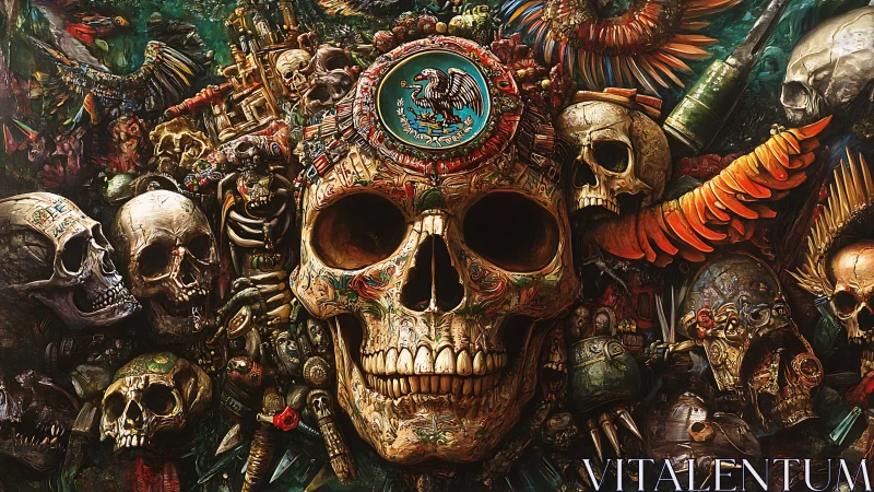 Baroque digital skull totem with dense ritual iconography.