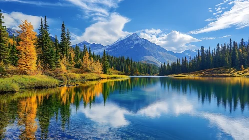High-saturation alpine lake reflects conifer forest and snow peak