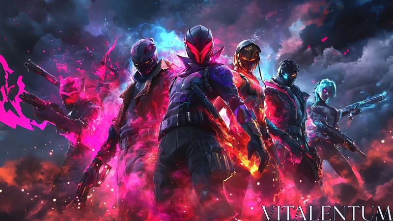 Armored sci fi squad with weapons in neon smoke environment.