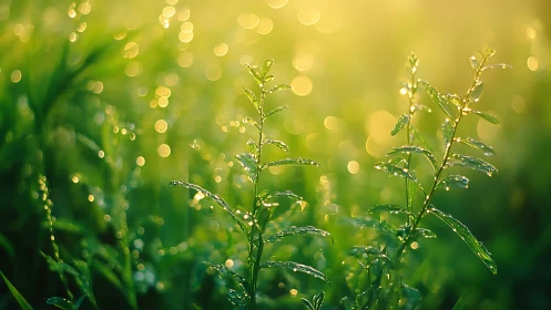 Morning dew sparkles on fresh green grass in golden light
