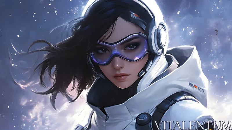 Futuristic female pilot in insulated white suit with reflective visor