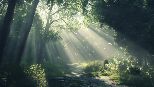 Sunlit forest path with mist and drifting foliage rays.