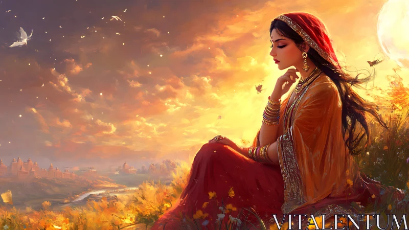 Meditative Indian woman beneath a glowing autumn sky.