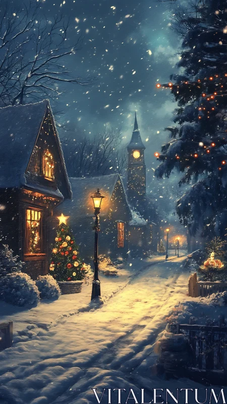 Snow-covered village street with lit houses and clocktower.