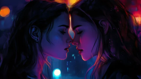 Neon city hush holds two mirrored souls in quiet orbit