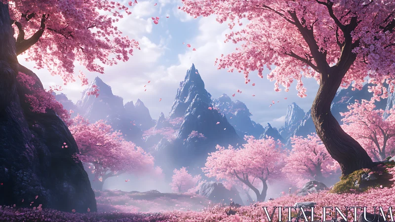 Petal-kissed mountain valley unfolds in dreamy pink bloom