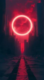 Glowing neon ring hovers above linear-perspective cyberpunk avenue