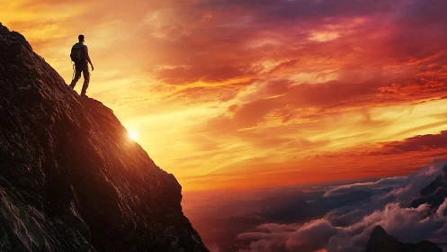 Sunlit mountaineer silhouetted on steep ridgeline at dusk.