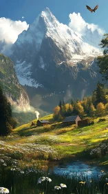 Sunlit alpine valley with cabins below towering summit.