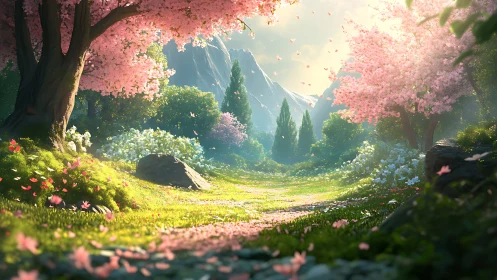 Sunlit blossom valley frames winding path through mountains