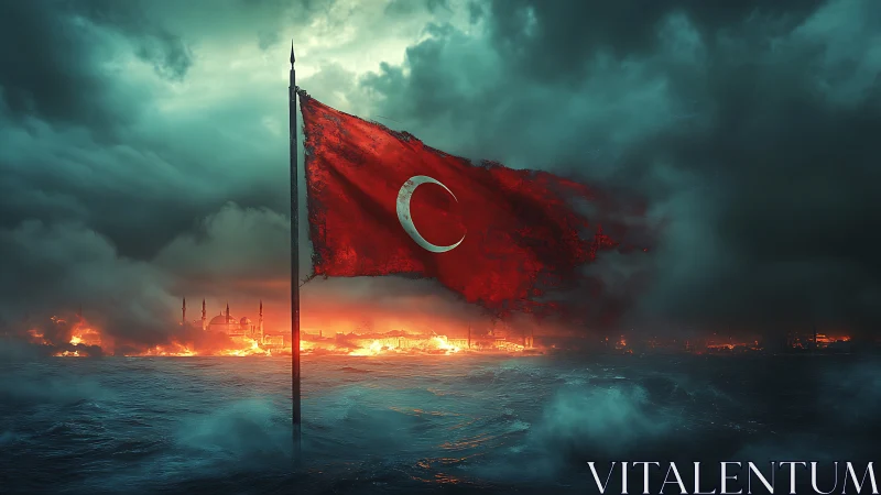 Storm-lashed Turkish flag blazing above a burning shore.