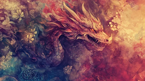 Dream-born dragon drifting through swirling painted skies.