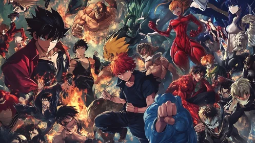 Intense anime fighters gathered in a chaotic battle scene.