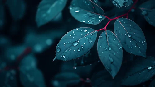 Close-up of wet blue-green leaves with red stems at night.