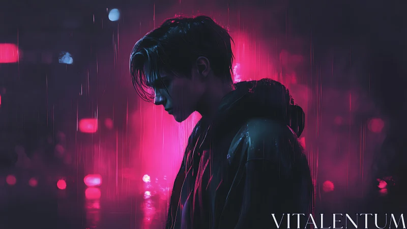 Neon rain silhouette of a quiet night wanderer alone.