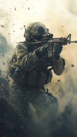 Modern infantry soldier in tactical gear under explosion.