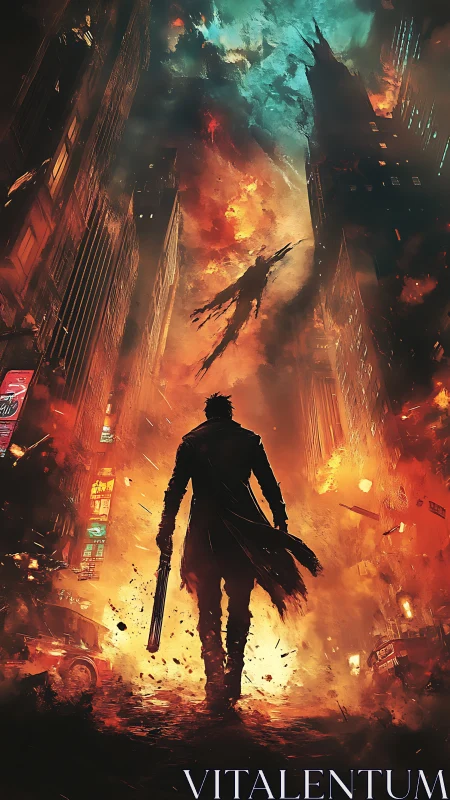Silhouetted figure in burning city street with falling body.
