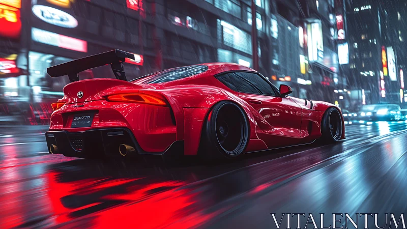 Red sports coupe moves through wet neon city street at night