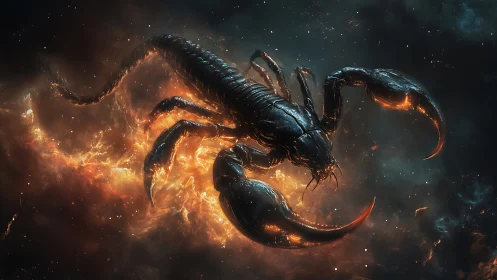 Cosmic scorpion rendered in glowing interstellar cloud.