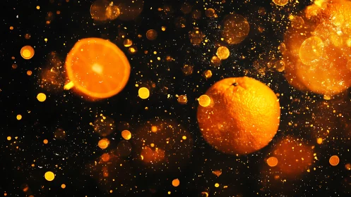Suspended oranges with luminous particulate bokeh in motion