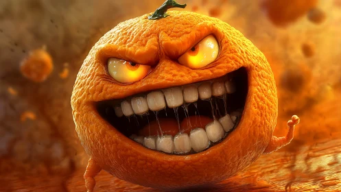 Angry anthropomorphic orange shows teeth in intense closeup