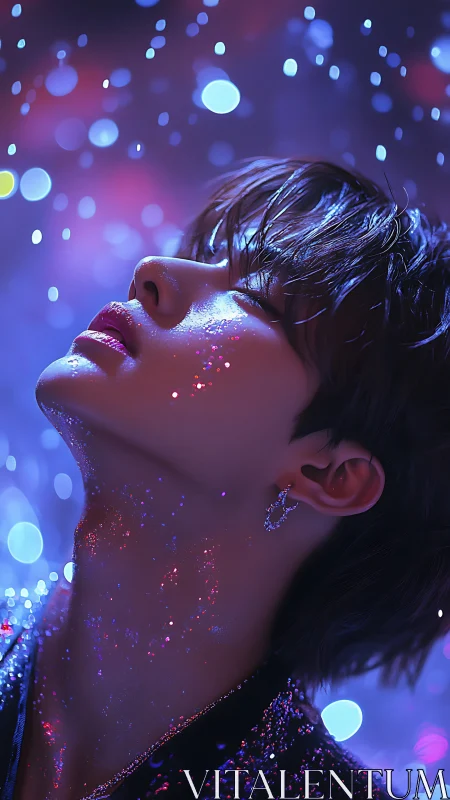 Star-kissed dreamer bathed in neon twilight glitter rain.