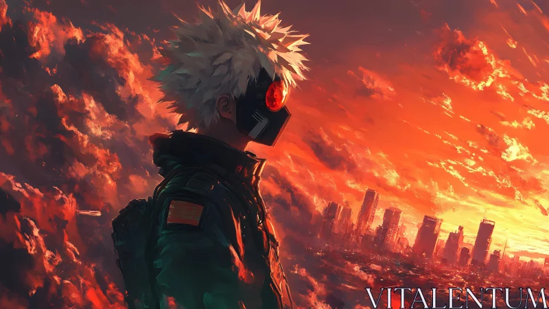 Masked wanderer watches a neon sunset over burning city