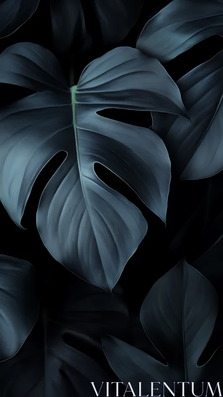 Dark blue monstera leaves on black background, close view.