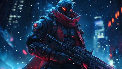 Cyberpunk sniper in winter city with glowing red visor.