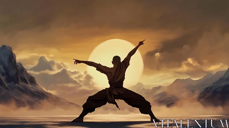Martial artist silhouette holds balanced stance at sunrise.