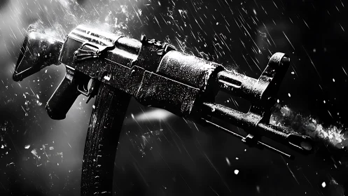 Assault rifle silhouette in monochrome rain burst motion.