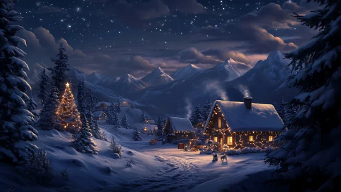 Snowy mountain village with lit cabins at winter night.