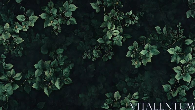Dark green foliage pattern on deep shadowed background.