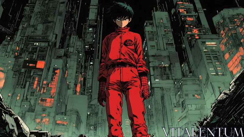 Solitary rebel in neon dystopian megacity streetscape.