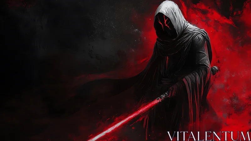 Hooded dark warrior wielding glowing red energy blade.