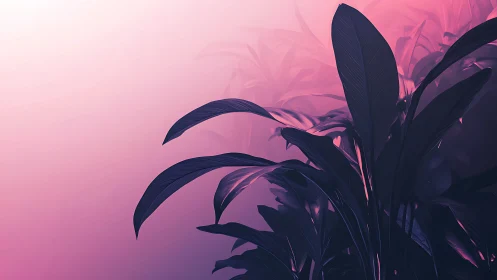 Tropical foliage silhouettes glow under soft pink gradient